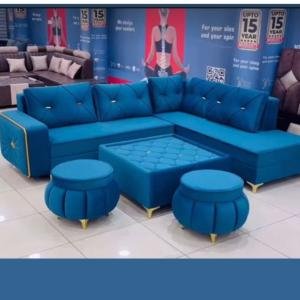 Vibrant Blue Velvet Sectional Sofa Set