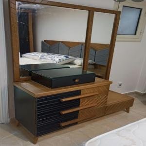 Modern Black & Wood Vanity Dresser with Mirror
