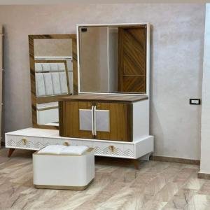 Modern White & Wood Vanity Dresser with Mirror and Stool
