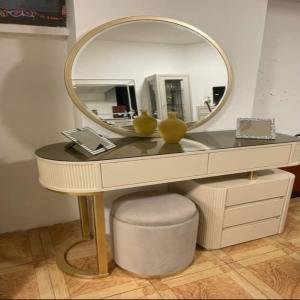 Elegant Round Mirror Vanity Dresser with Gold Accents