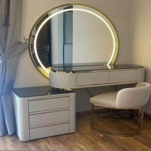 Illuminated Circular Mirror Vanity Dresser with Storage