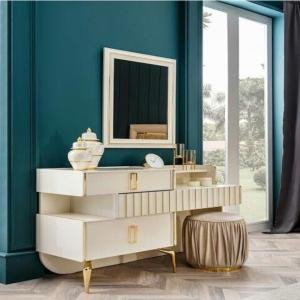 Elegant White Vanity Dresser with Gold Accents and Mirror