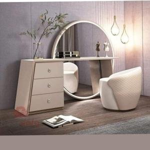 Modern Circular Mirror Vanity Dresser with Beige Finish