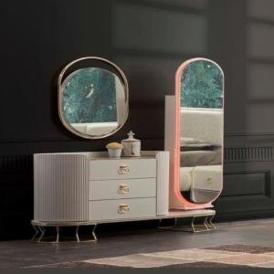 Elegant Vanity Dresser with Oval Mirror and Light Accents