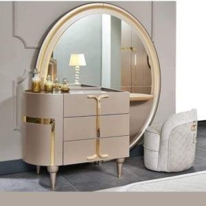 Luxury Beige Vanity Dresser with Circular Mirror and Gold Accents