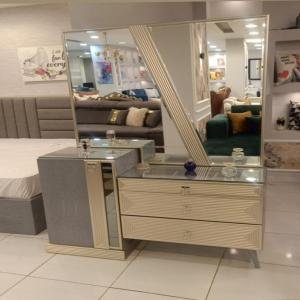 Modern Vanity Dresser with Angled Mirror and Gold Accents