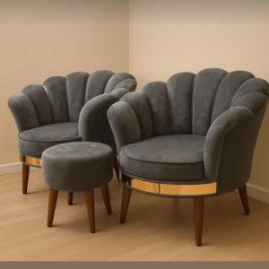 Elegant Grey Velvet Chairs with Golden Accents