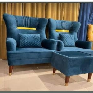 Elegant Blue Velvet High-Back Chairs with Golden Accents