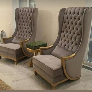 Elegant Grey Velvet High-Back Chairs with Gold Accents
