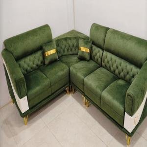 Luxurious Green Velvet Corner Sofa with Golden Accents