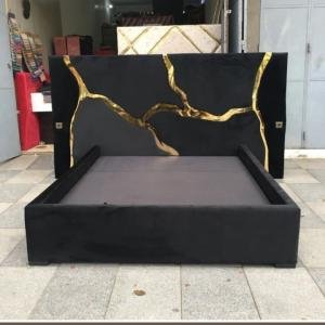 Black & Gold Velvet Bed Set by Abuanees Furniture