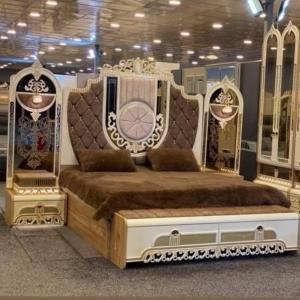 Royal Ivory & Brown Upholstered Bed Set by Abuanees Furniture