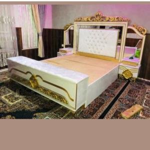 Classic Ivory & Gold Upholstered Bed Set by Abuanees Furniture