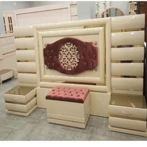Luxury Beige and Maroon Upholstered Bed Set by Abuanees Furniture