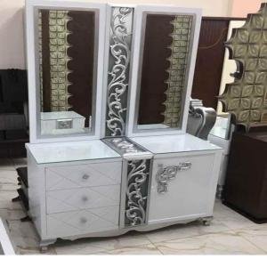 Luxury White Vanity Set with Triple Mirrors and Silver Accents