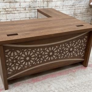 Wooden Office Desk with Decorative Pattern and Curved Design