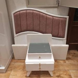 White and Pink Decorative Bedroom Set with Velvet Headboard and Nightstand